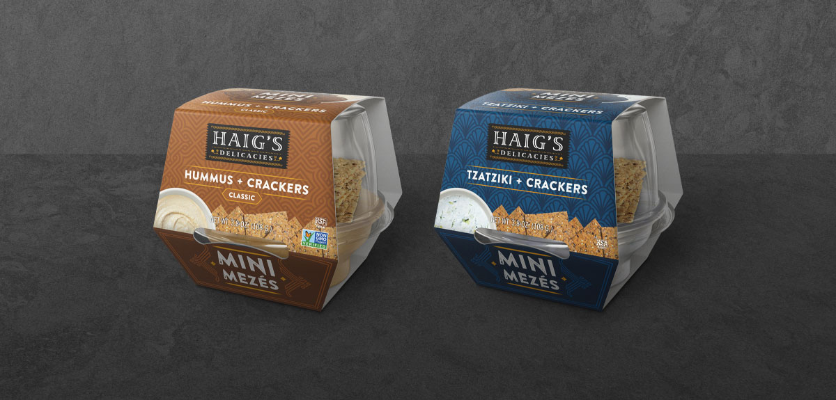 Mini Mezé crackers and dip packaging